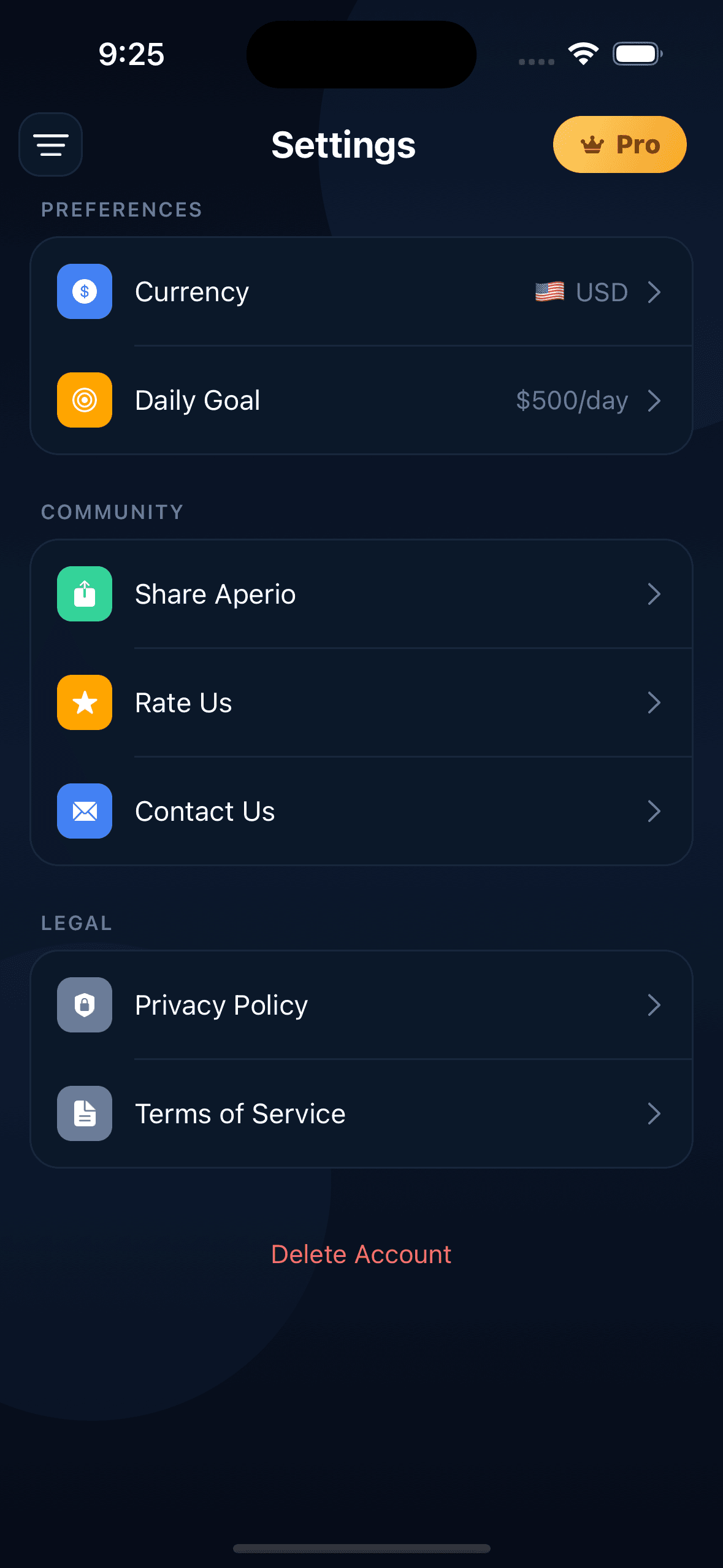 The Aperio Settings screen, showing the Delete Account button at the bottom