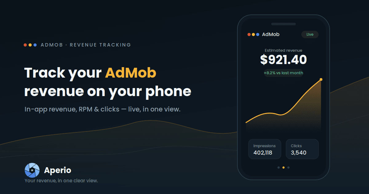 Aperio mobile app showing AdMob revenue and eCPM metrics on your phone